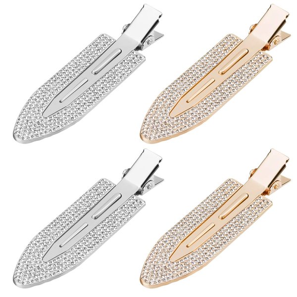 PAGOW Rhinestone No Bend Hair Clips, 4pcs bangs hair clip with Metal Shiny Styling Diamond ,No Dent No Crease Makeup Hair Clips for Women and Girls (2 Silvery & 2 Gold)
