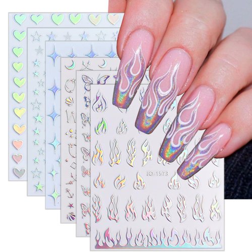 6 Sheets Aurora Chrome Star Nail Stickers 3D Self-Adhesive Holographic Flame Nail Art Stickers Love Heart Flame Butterfly Designs Moon Star Nail Sticker for Women Acrylic Nails Manicure Accessories
