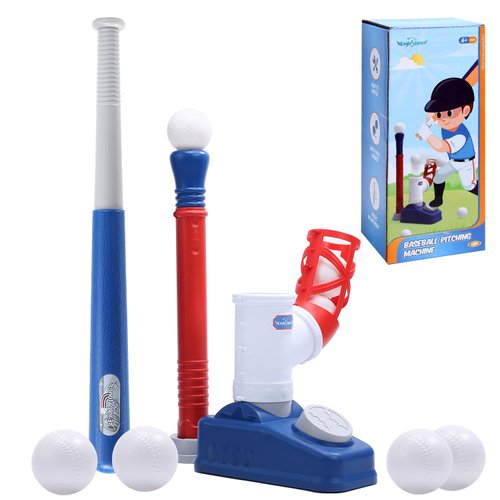 EagleStone 2 in 1 T Ball Set for Kids 3-5, Tee Ball Set for Toddlers with Step on Pitching Machine, Adjustable Batting Tee, Tball Bat and 6 Balls, Outdoor Baseball Christmas Toy Gift for Boys & Girls