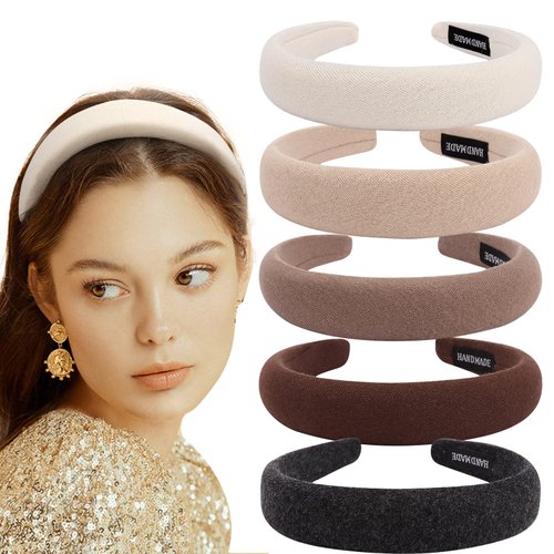ACO-UINT 5 Pack Headbands for Women, Sponge Headbands Padded Headbands with Soft Fabric Plain Head Bands for Women's Hair, Fashion headbands Thick Headbands for Girls Hair Accessories for Women