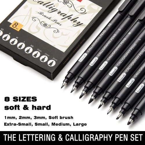Brusarth Calligraphy Pens, 8 Size Calligraphy Pens for Writing, Brush Pens Calligraphy Set for Beginners, Hand Lettering Pens, Brush Markers Set, Black Ink Drawing Pens