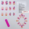 WAFOLOZE Press on Nails Medium Square Fake Nails Red French Tip False Nails with Polychromatic Flower Relief Press ons Designs Acrylic Nails Press on Artificial Nails Stick on Nails for Women 24Pcs