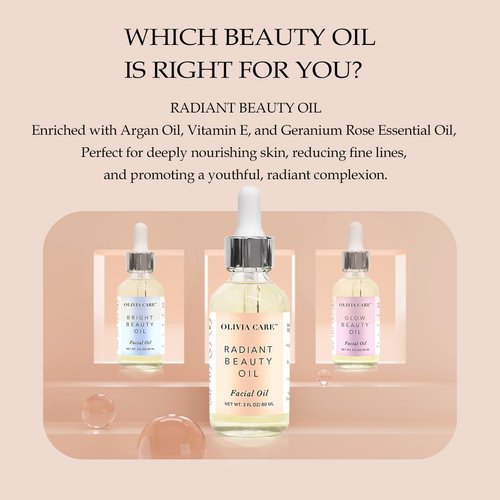 Olivia Care Facial Oil Infused with Argan, Safflower, Vitamin E & Geranium Essential Oil - All Natural - Hydrating, Anti-aging & Antioxidants - Remove Wrinkles & Clear Pores - 2 FL OZ