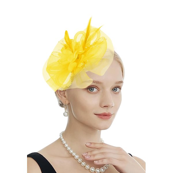 Women Fascinators Hat Feathers Tea Party Hair Clip Veil Headband Wedding Bridal Flower Hat Headwear Vintage Headpiece Yellow
