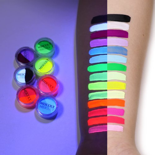 MEICOLY Water Activated Eyeliner 14 Colors,Neon UV Rainbow Face Paint,7 Cakes Duo Color Halloween Hydra Liner,Matte Graphic Eyeliner, Fluorescent Glow Blacklight Black White Body Paint