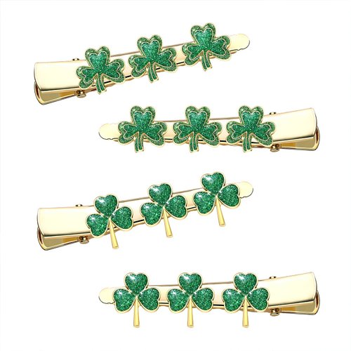 St.Patrick's Day Hair Clips Glitter Shamrock Clover Hairpins Green Charm Lucky Leaf Hat Embellished Gold Alligator Hair Clips for Party Gift