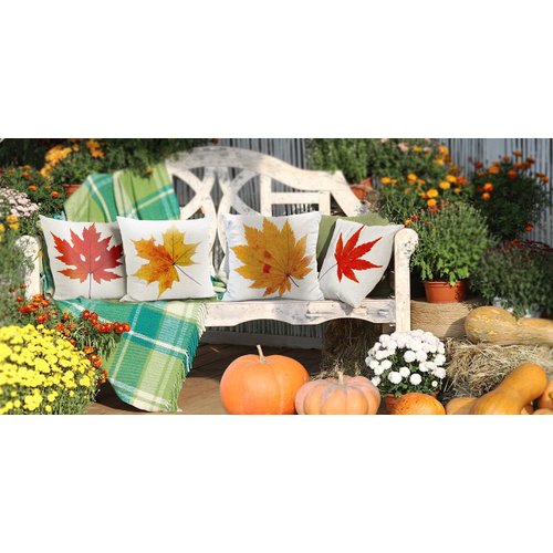 All Smiles Fall Throw Pillow Covers 18x18 Set of 4 Decorative Thanksgiving Autumn Kitchen Home Decor Cushion for Porch Couch,Outside Outdoor Harvest Decorations Maple Leaves
