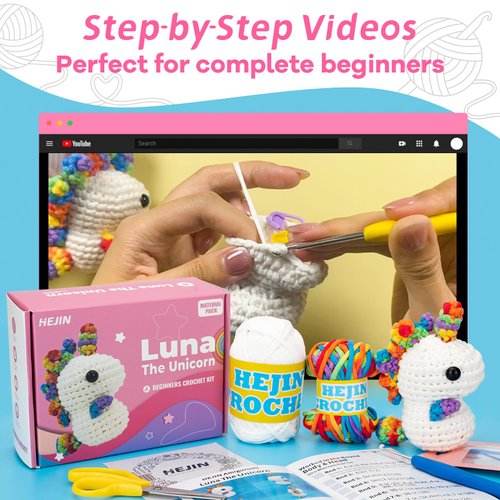 Crochet Kit for Beginners, Unicorn Crochet Kits for Kids and Adults Include Rainbow Yarn, Videos Tutorials, Eyes, and Crochet Hook - Crochet Animal Kit, Beginner Crochet Kit - Gift for Birthdays