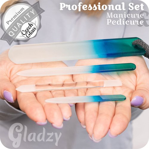 Genuine Czech Glass Nail File Set - Double Sided Etched Different Grit Surface, Callus Remover Foot Rasp, Precision Filing Cuticle Pusher, Manicure & Pedicure, Professional Nail Care & Art, EU Quality