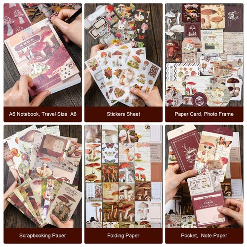 Scrapbooking Supplies Kit, Vintage Aesthetic Scrapbook Kit, Junk Journal Supplies with Scrapbooking Paper A6 Grid Notebook, Journaling Supplies, Birthday Craft Gift for Adult Teen Girl Kid, Mushroom