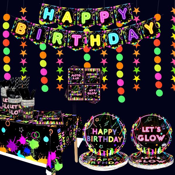 Glow Neon Party Supplies- Glow in the Dark Glow Happy Birthday Banner, Plates, Tablecloths, Cups, Napkins, Straws, Hanging Swirls, for Blacklight Party Decorations Serves 20 Guest (Set-01)
