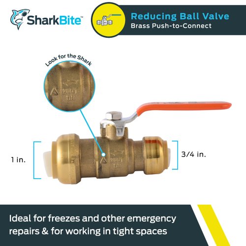 SharkBite 1 Inch x 3/4 Inch Ball Valve, Push to Connect Brass Plumbing Fitting, Water Shut Off, PEX Pipe, Copper, CPVC, PE-RT, HDPE, 22993LF