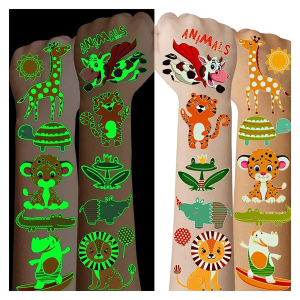 Cerlaza 136 Styles Luminous Animals Temporary Tattoos for Kids Gifts, Jungle Theme Party Supplies Favors for Boys and Girls, Safari Zoo Wild One Birthday Decorations Toddlers Tatoo-10 Sheets
