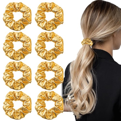 12 PCS PU Leather Cheer Hair Scrunchies, Gold School Performance Hair Ties Slap Bracelet Gilding Ponytail Holder Elastic Hair Bands Hair Accessories for Cheerleading Teen Girls College Sports