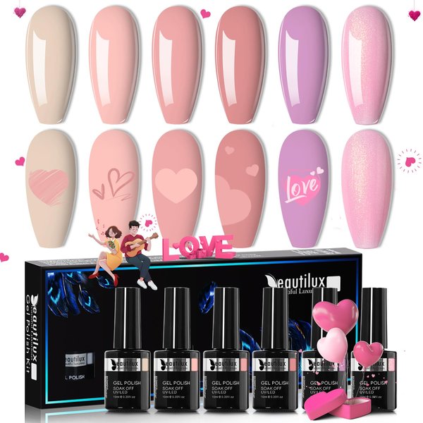 beautilux Pink Gel Polish, 6 Colors 10ml Baby Pink Light Pink Gel Nail Polish, Soak Off UV Gel Polish Pink Kit for Nail Art DIY Salon at Home and Gift