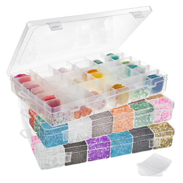 Juvale 3 Pack Bead Storage Organizer Box with 36 Grids and Removable Dividers - Plastic Container Tray for Craft, Jewelry and Earrings