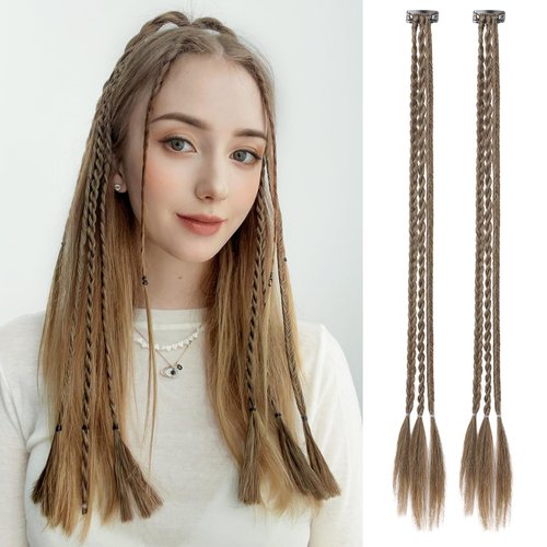 REECHO Clip in Braids Hair Extension, 6 PCS Braid Hair Extensions Clip in Baby Braids, 3 Braids on One Clip 6 Braids Total, 22" Long Natural Soft Synthetic Hairpieces (Light Ash Brown with Highlights)