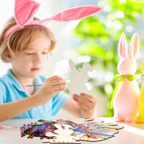 Fennoral 12 Pack Bunny Wind Chime Kit for Kids Make You Own Easter Rabbit Wind Chimes DIY Coloring Wooden Easter Craft for Girls Boys for Easter Hanging Ornaments Easter Party Decoration