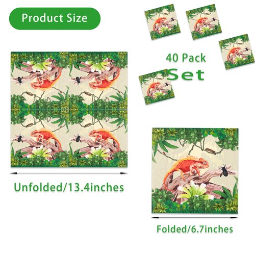 Reptile Theme Party Napkins, 40PCS Reptile Napkins Disposable, Jungle Lizard Party Supplies Birthday Decorations, Lizard Party Dinner Paper Napkins for Wedding, Theme Party, Birthday, 6.7 Inch