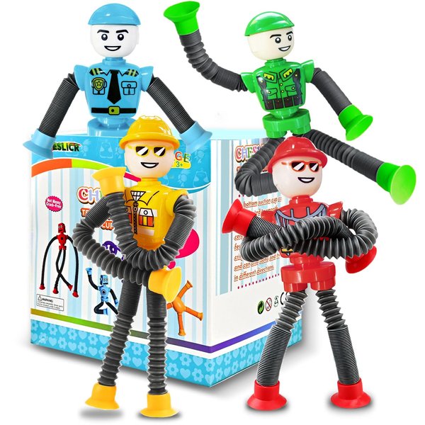 Sensory Firemen Toys Christmas Stocking Stuffer for Kid Boys Year Old Ages 3 4 5 6 7 8 9(4PCS), Autism Suction Robot Toy Pop Tube Fidget Toys Autistic Travel Toys Valentine's Day Gift for Kids