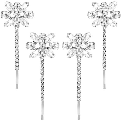 OIIKI Bridal Bobby Pins Decorative Rhinestone Hair Pins Clip 4pcs, Silver Crystal Flower Hairpin Bling Elegant Hair Accessories for Bridal Bride Wedding Women Girls