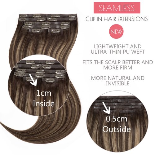 Loxxy Seamless Extensions Clip in Human Hair Ombre Dark Brown Fading to Chestnut Brown and Dark Brown Natural Remy Hair Extensions Clip in Human Hair With PU Weft Invisible 7PCS 110G 14Inch