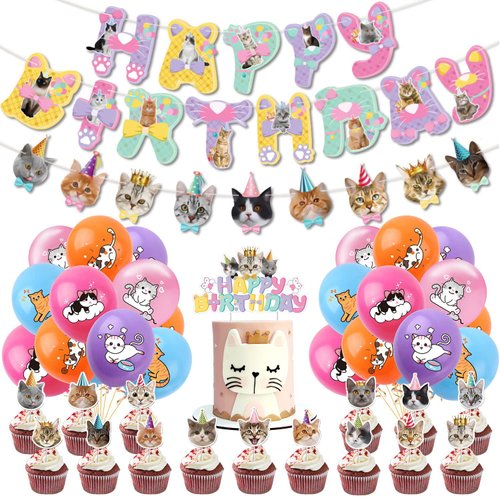 Cat Birthday Party Decoration Set, Cute Cat Party Supplies for Kids Who Love Meowing Cats, Cat-Themed Party Gift Decoration Set