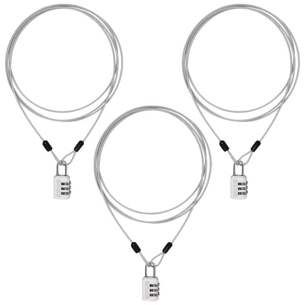 ZHMEINA 3Pcs 6.6Ft Silver Long Security Cable Lock, 2.5mm Security Cables with Loops Double Loops Steel Bike Lock Cable Long Cables Locks Wire for Outdoor Clothesline Luggage
