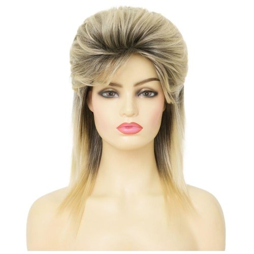 Tseses Blonde Mullet Wigs for Women 80s Shoulder Length Disco Fluffy Synthetic Hair Wig with Dark Roots for Cosplay 70s 90s Costume Wig