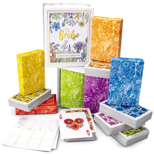 Let's Play Bridge | 6 Decks of Colorful, Watercolor Inspired Floral Playing Cards | Special Low-vision 4-color Index! | Classic Family Game includes 25 Scorecards