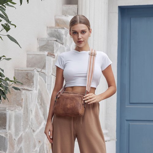 BOSTANTEN Small Crossbody Purse for Women Triple Zip Cell Phone Leather Shoulder Handbag with Wide Guitar Strap Brown