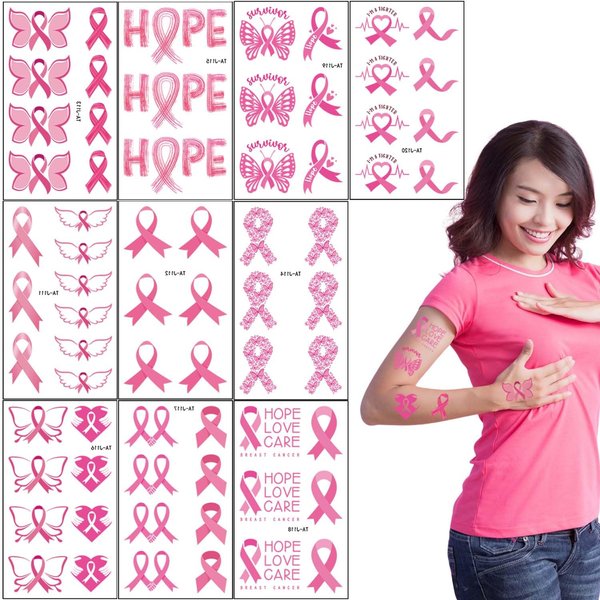 Breast Cancer Awareness Tattoo Stickers Pink Ribbon Temporary Tattoo Stickers,Waterproof Tattoo stickers for Women Party Festivals Charity Public & Social Event Public Welfare Party Supplies 10Sheets