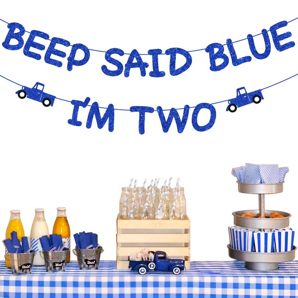 Blue Truck 2nd Birthday Banner Little Blue Truck Party Decorations Glitter Beep Said Blue I'm Two Banner Backdrop for Boys and Girls Farm Themed 2nd Birthday Party Supplies