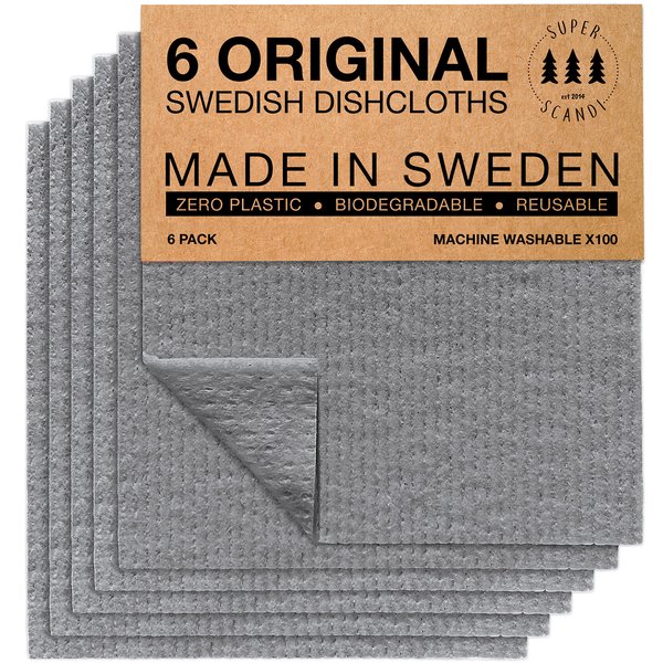 SUPERSCANDI Swedish Dishcloths for Kitchen 6 Pack of Grey Reusable Compostable Kitchen Cloth Made in Sweden Cellulose Sponge Swedish Dish Cloths for Washing Dishes