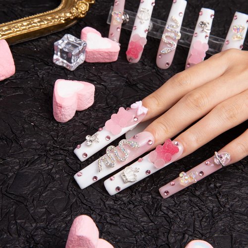LOVFUL Press on Nails Marshmallo Gummy Bear Square | Luxury Diamond Pink Cotton Candy Nails| Pink Nails| Square Nails | 2.16in Long Square | H26 (L)