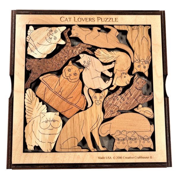 Cat Lovers Puzzle – Wood Brain Teaser in Frame with Cover - Original Artwork