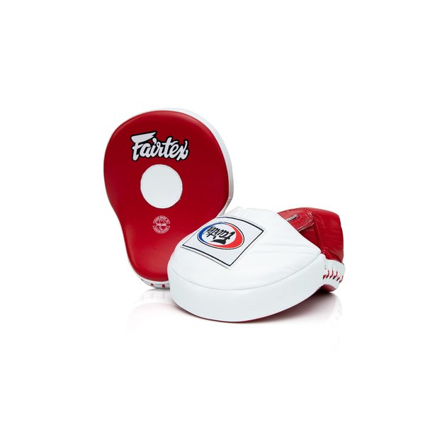 Fairtex FMV9 Contoured Focus Mitts |Striking Accuracy & Protection for Boxing, Muay Thai, Kickboxing |Ergonomic Design, Soft Padding, Secure Fit Leather -(Red/White)