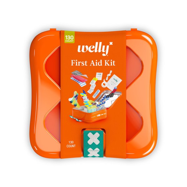 Welly First Aid Kit - Adhesive Flexible Fabric and Waterproof Bandages, Tape and Non-Stick Pads, Butterfly Strips, Single Use Ointments Triple Antibiotic and Hydrocortisone, and Ibuprofen - 130 Count
