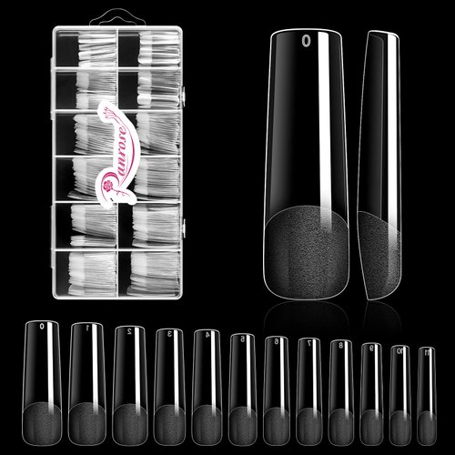 Ranrose Long Straight Nails Tips,240PCS Full Cover Gel x Nail Tips for Acrylic Nails Professional 12 Size Pre-shaped XXL Straight Shape False Nail Half Matte Fake Nail for DIY Press On Nail Extensions