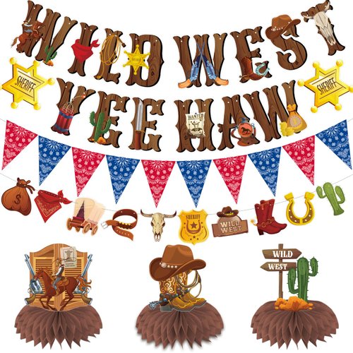 Western Party Decorations, Cowboy Birthday Party Decorations Includes Wild West Banner Yee Haw Banner Western Centerpiece for Table, Western Themed Cowboy Birthday Party Supplies