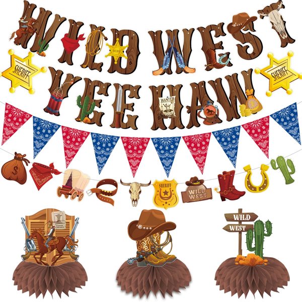 Western Party Decorations, Cowboy Birthday Party Decorations Includes Wild West Banner Yee Haw Banner Western Centerpiece for Table, Western Themed Cowboy Birthday Party Supplies