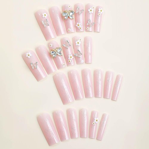 Long Press on Nails Coffin Fake Nails Pink Acrylic Nails with Flower Rhinestones And Silver Butterfly Designs False Nails Full Cover Stick on Nails Glitter Artificial Nails Manicure for Women 24Pcs