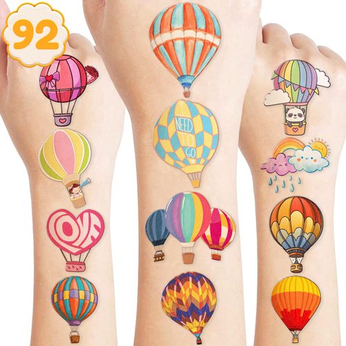 Hot Air Balloon Temporary Tattoos Birthday Party Supplies Decorations 92 PCS Tattoos Stickers Super Cute Party Favors Kids Boys Girls Gifts Ideas Classroom School Prizes Themed Baby Showers