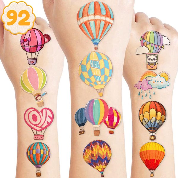 Hot Air Balloon Temporary Tattoos Birthday Party Supplies Decorations 92 PCS Tattoos Stickers Super Cute Party Favors Kids Boys Girls Gifts Ideas Classroom School Prizes Themed Baby Showers