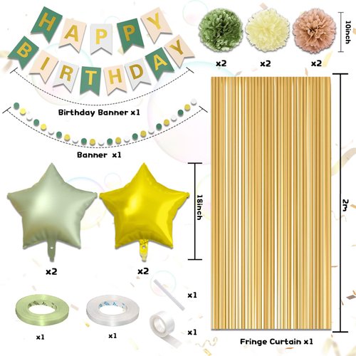 Sage Green Birthday Decorations,Women Girls Boho Party Decorations with Sage Green White Gold Confetti Birthday Balloons Happy Birthday Banner Gold Fringe Curtain Tissue Paper Pompoms Star Garland