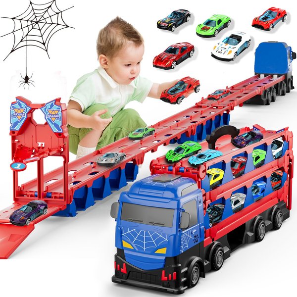 Spider Carrier Truck Race Track Toys for Boys, 78-inch Transport Car Race Track Truck Toy & 12 Die-Cast Metal Toy Cars, Toddler Truck Car Toys Track Set Gifts for Kids Boys Girls 3 4 5 6 7 Year Old