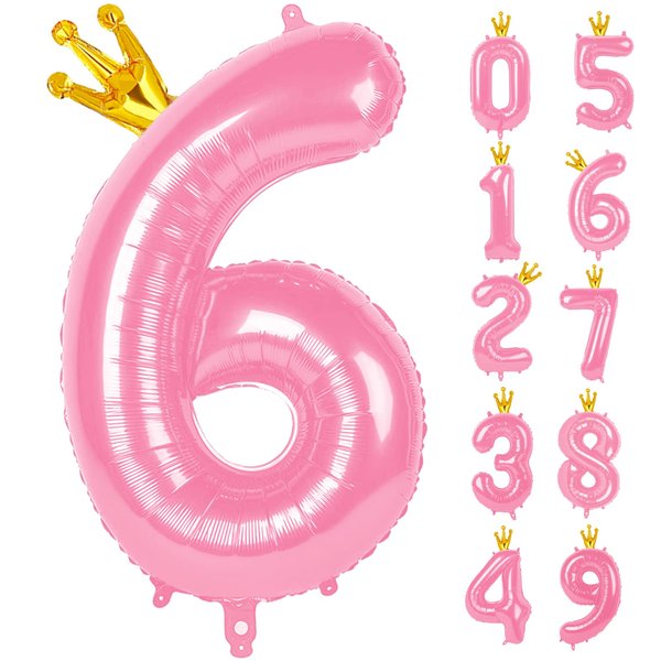 40 Inch Pink Number Balloon 0-9(Zero-Nine) with Crown, Big Size Happy Birthday Balloon, Foil Helium Big Number Balloon for Birthday Party,Wedding, Anniversary (PINK 6)
