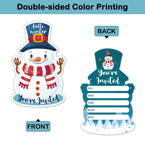 REWIDPARTY Winter Party Invitations with Envelopes & Stickers（Set of 15） Snowman Shaped Fill-in Invitations Hello Winter Party Invites Cards Christmas Birthday Party Supplies for Kids Adults Groups