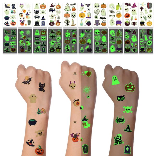 10 Sheets Halloween Luminous Temporary Tattoos, Glow in the Dark Halloween Tattoos for Kids,Waterproof Fake Face Tattos Stickers for Halloween Party Favors,Trick or Treat Goodie Bags Fillers (Orange)