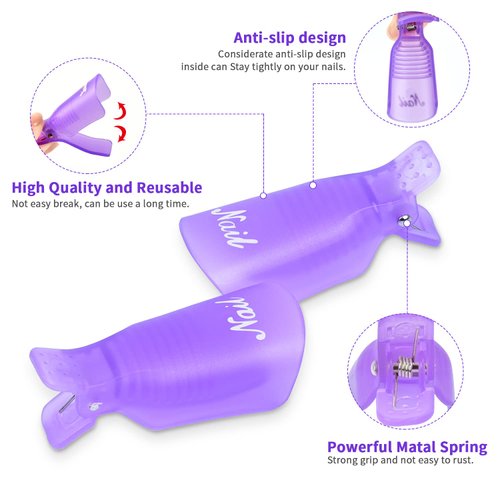 Gel Polish Remover Kit, MORGLES 10pcs Nail Remover Clips Nail Clips 300pcs Nail Wipe Cotton Pads Nano Glass Nail File Cuticle Pusher Nail File Grit 100/180 and Brushes-Purple